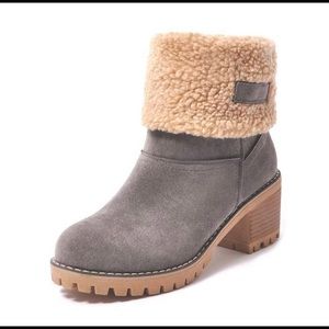 Gray Sherpa Lined Faux Suede Foldover Boots